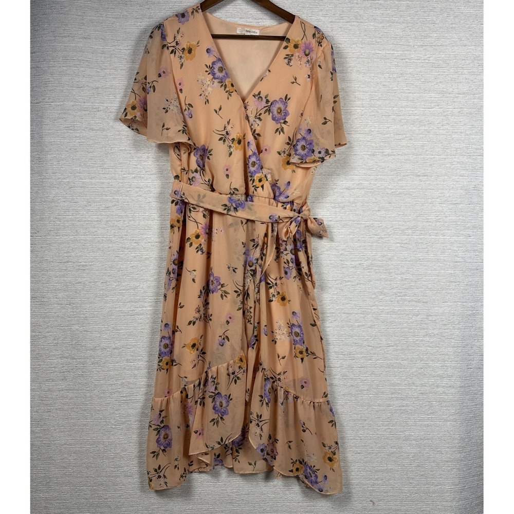 Rewind Floral Wrap Dress 1X Peach Midi Flutter Sleeve Wedding Guest Cottagecore